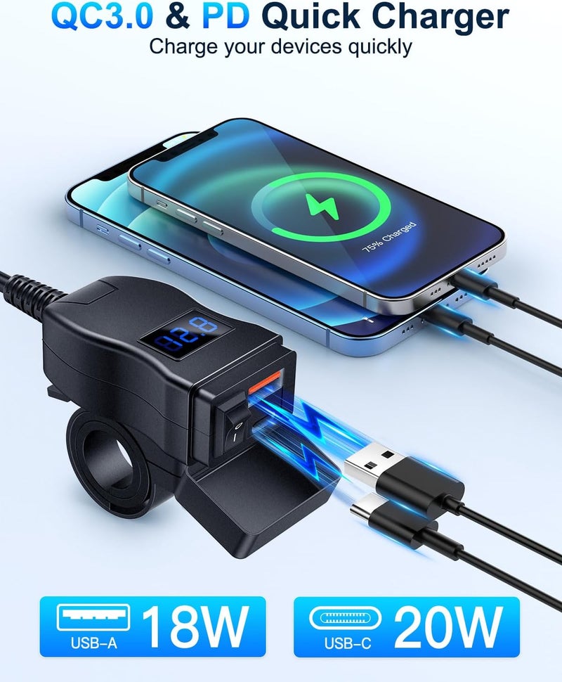 EXTRACTME شاحن USB للدراجات النارية، شاحن هاتف دراجة نارية مزدوج USB نوع C PD وشحن سريع 3.0 مع فولت متر وزر تشغيل/إيقاف، ملحقات دراجات نارية مقاومة للماء لجميع الهواتف، الأجهزة اللوحية، GPS - Image 2